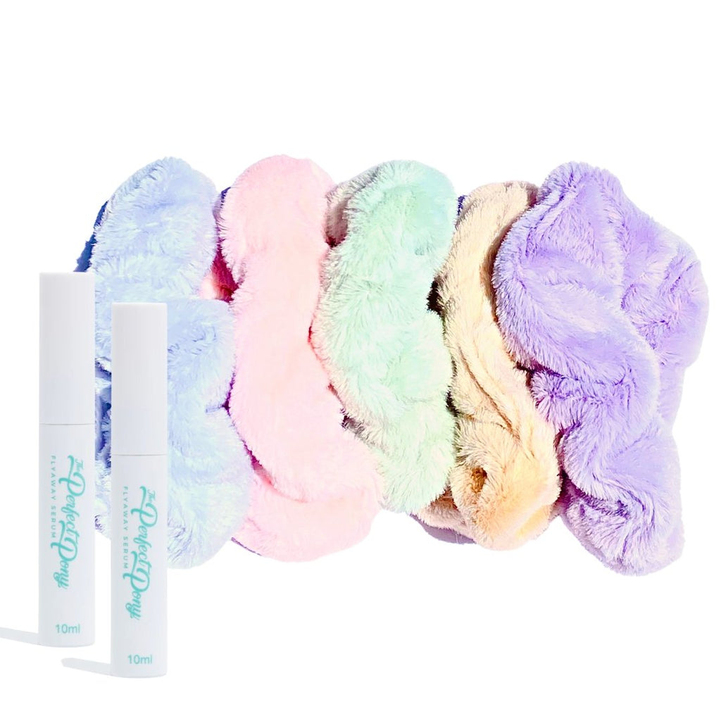 5 Pack of Super Soft Fluffy Scrunchies Bundle + 2 x Flyaway Serum - Perfect Pony Hair