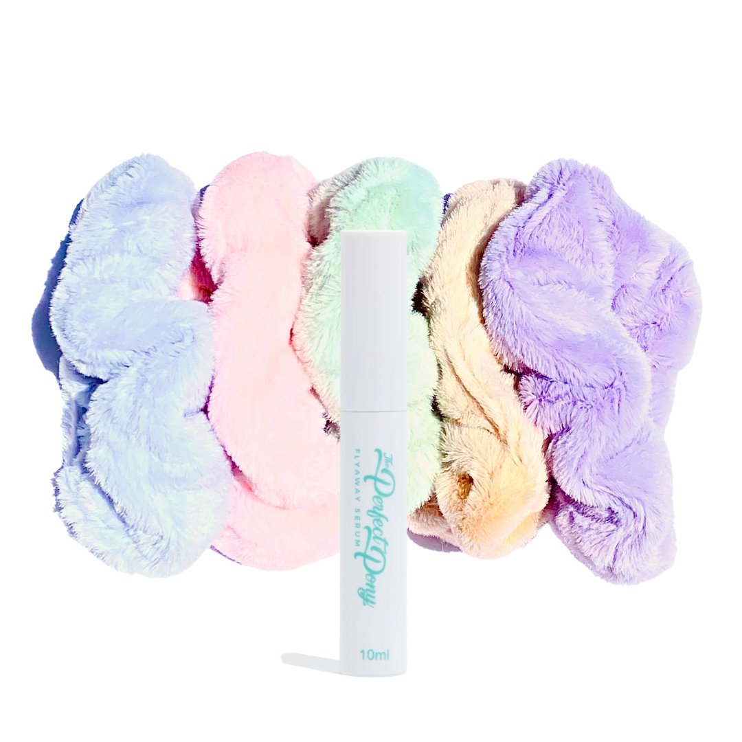 5 Pack of Super Soft Fluffy Scrunchies Bundle + Flyaway Serum - Perfect Pony Hair